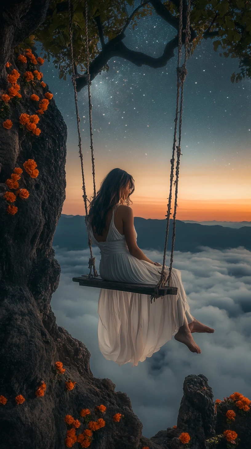 Woman on a cliffside swing under a star filled sky