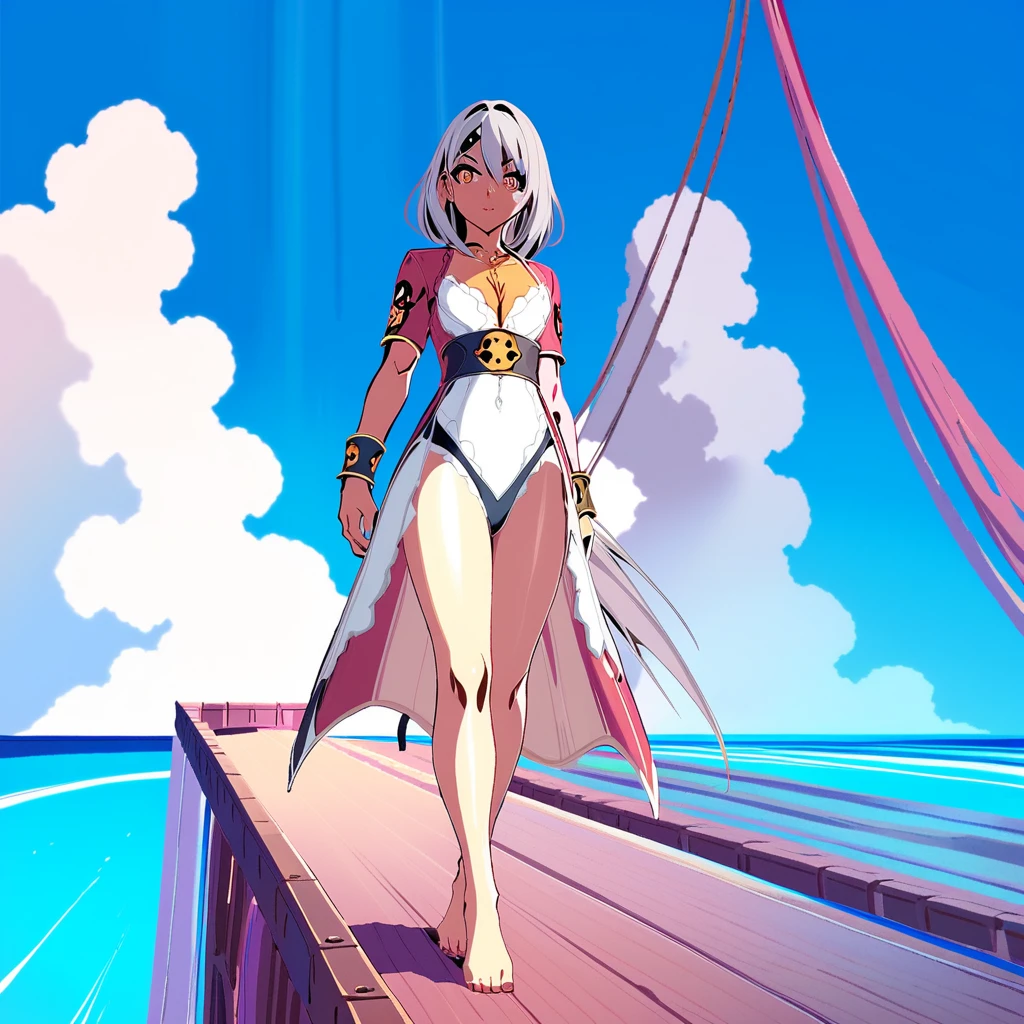 海風を受ける海賊船デッキのアニメ女性