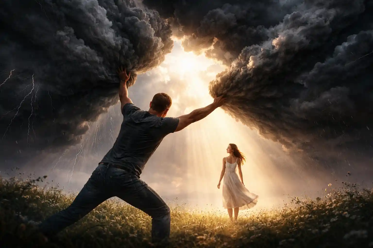 Homem segurando nuvens de tempestade para proteger quem ama