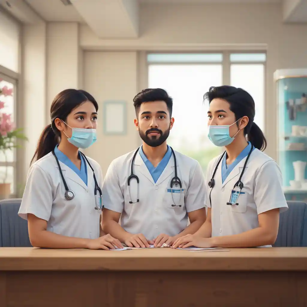 Men consulting professional nurses at neighborhood health clinic