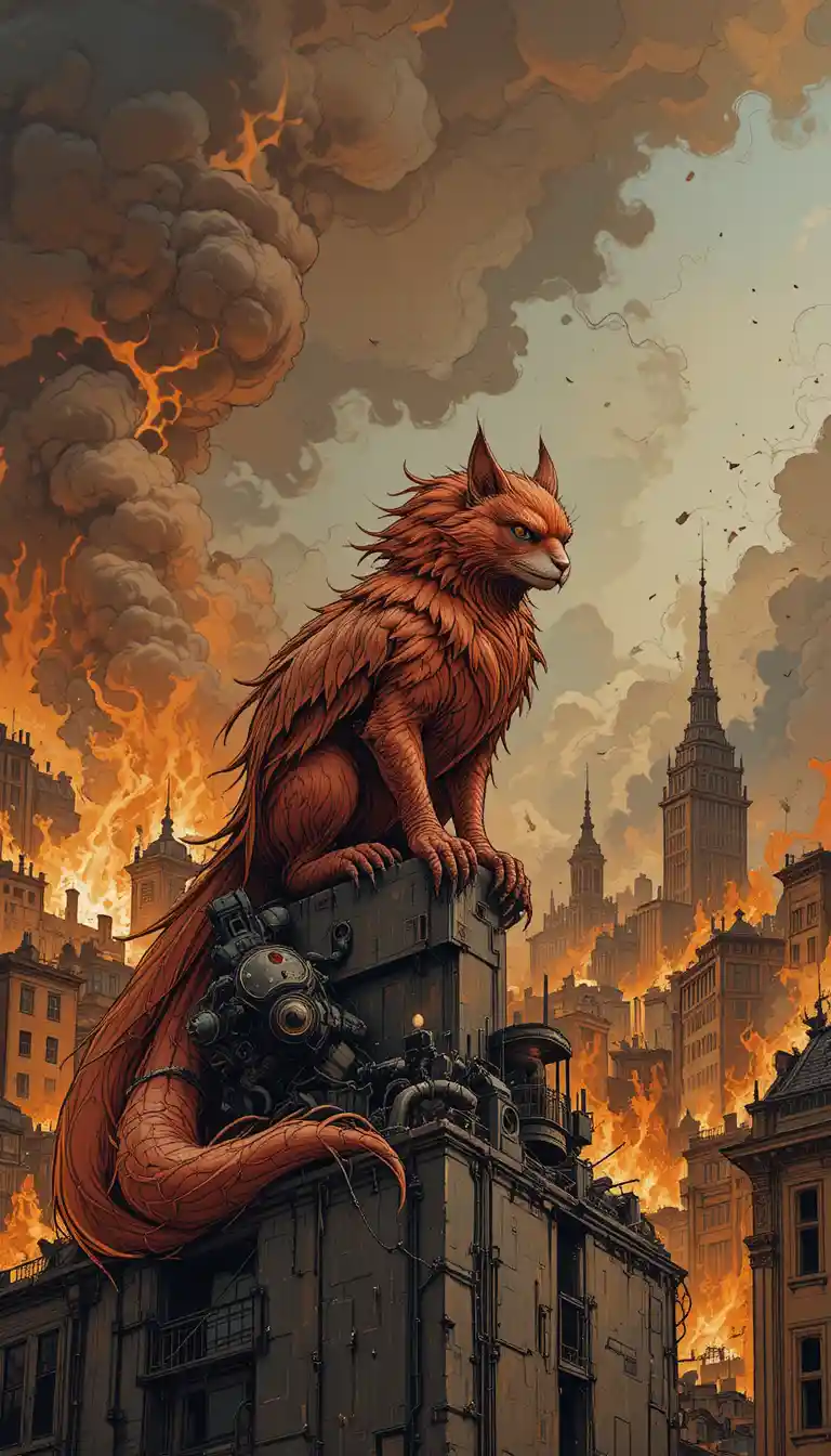 Firefox in piedi su un tetto sopra una città in fiamme