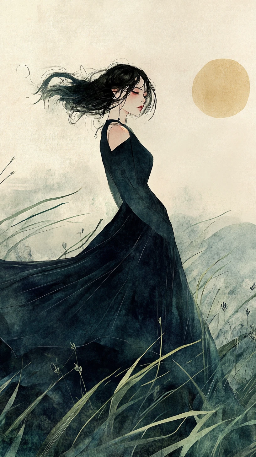 Young woman in blue dress standing in windy grassy field