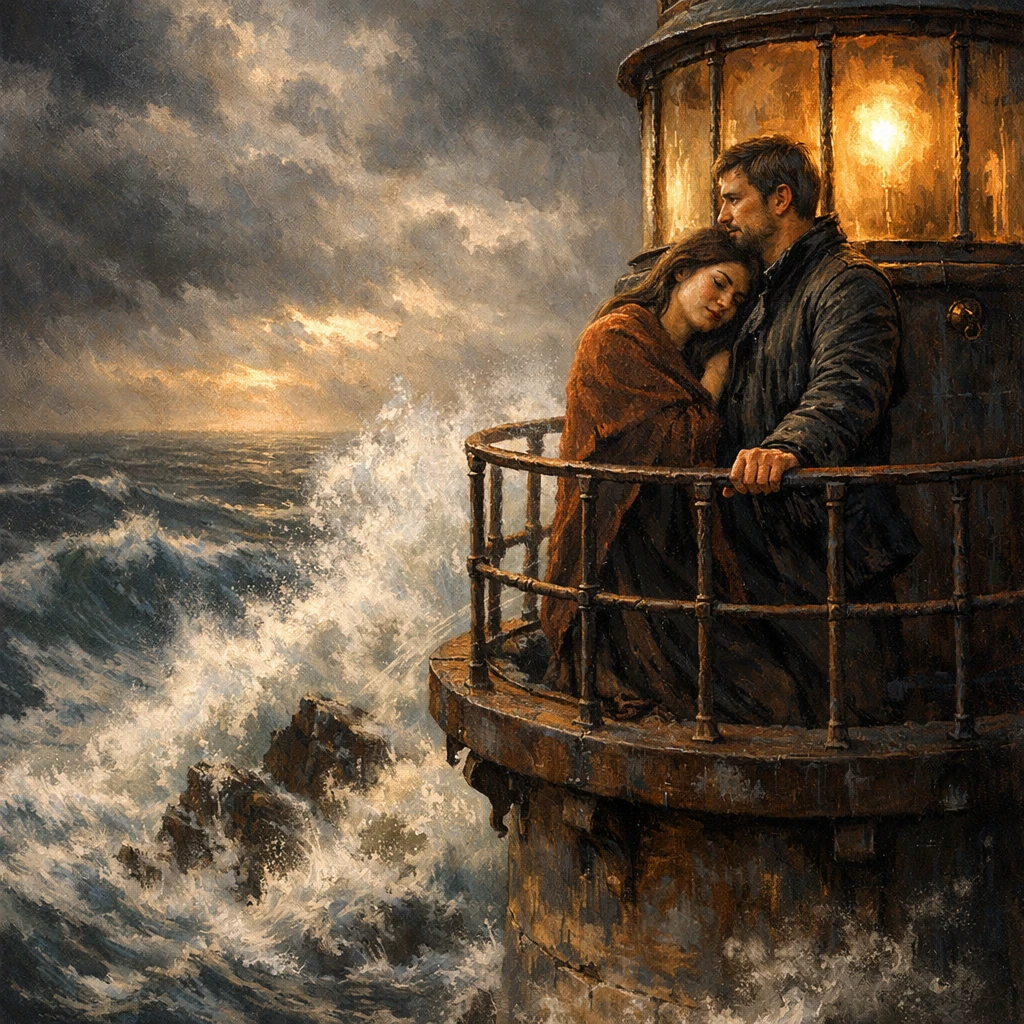 Couple on lighthouse balcony above stormy crashing waves
