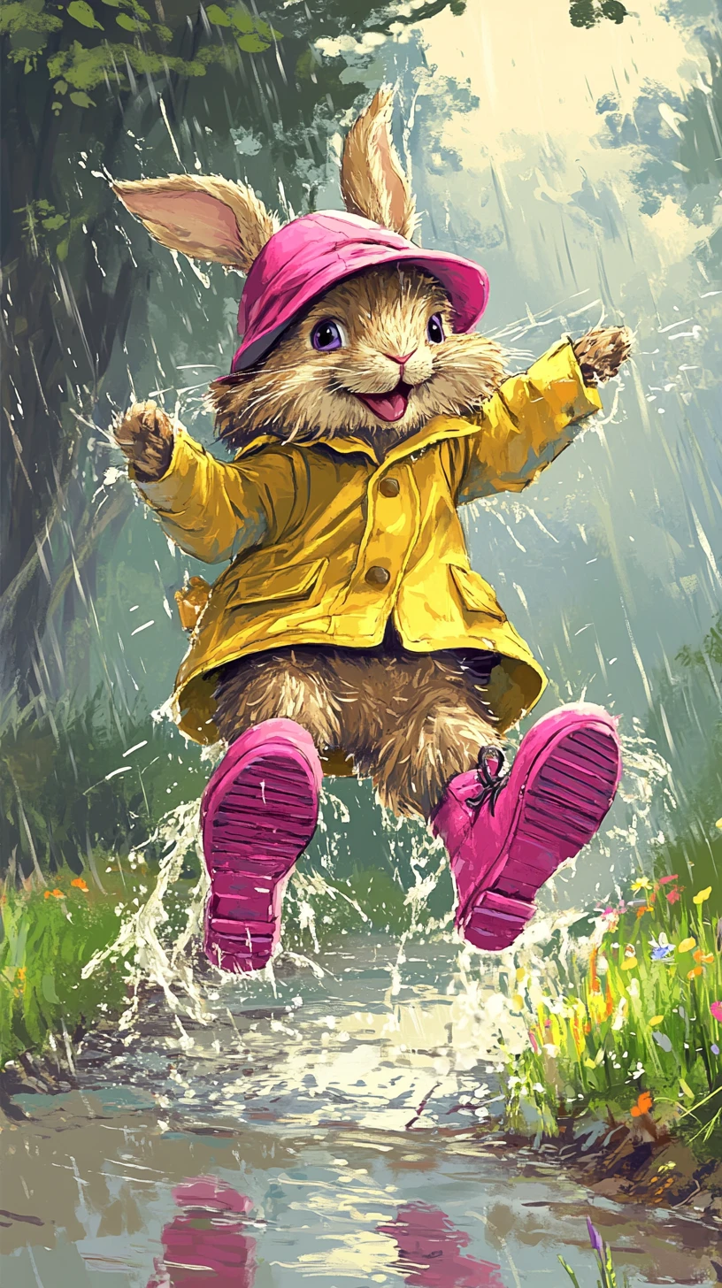 Coelho peludo de capa de chuva pulando em uma poça brilhante