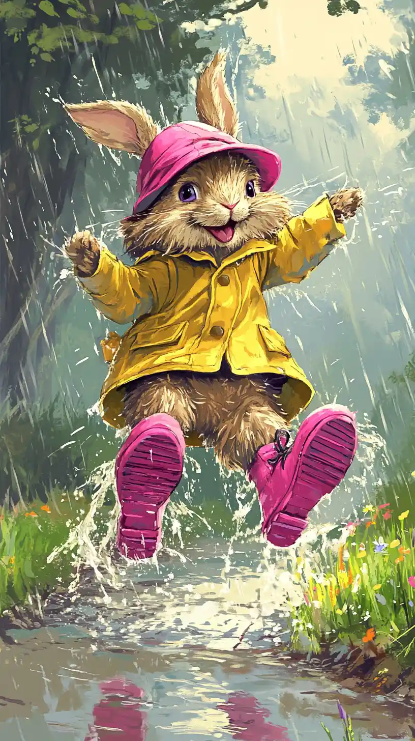 Shaggy rabbit in raincoat jumping into a bright puddle