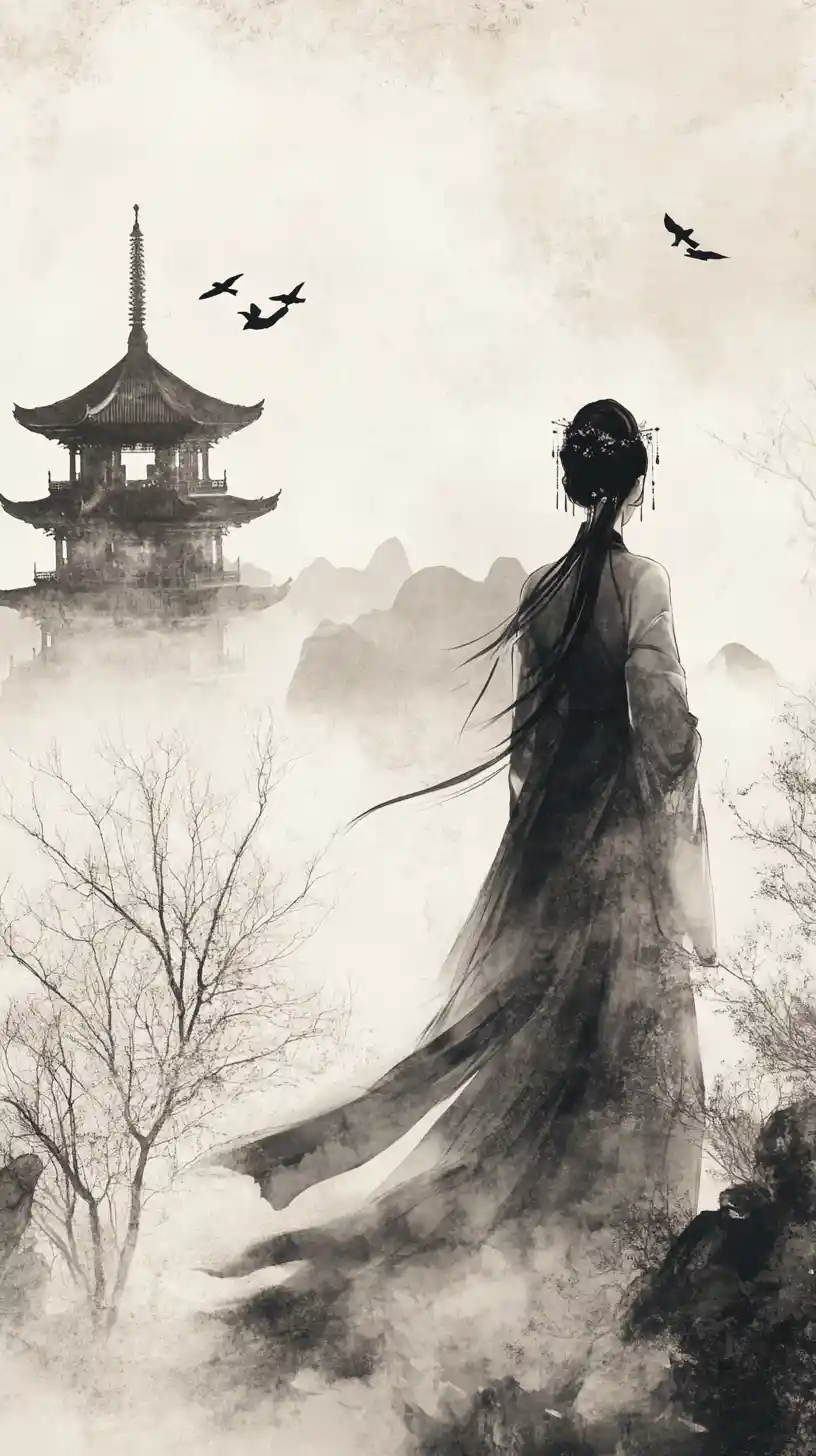 Mulher etérea em hanfu diante de montanhas enevoadas e pagode