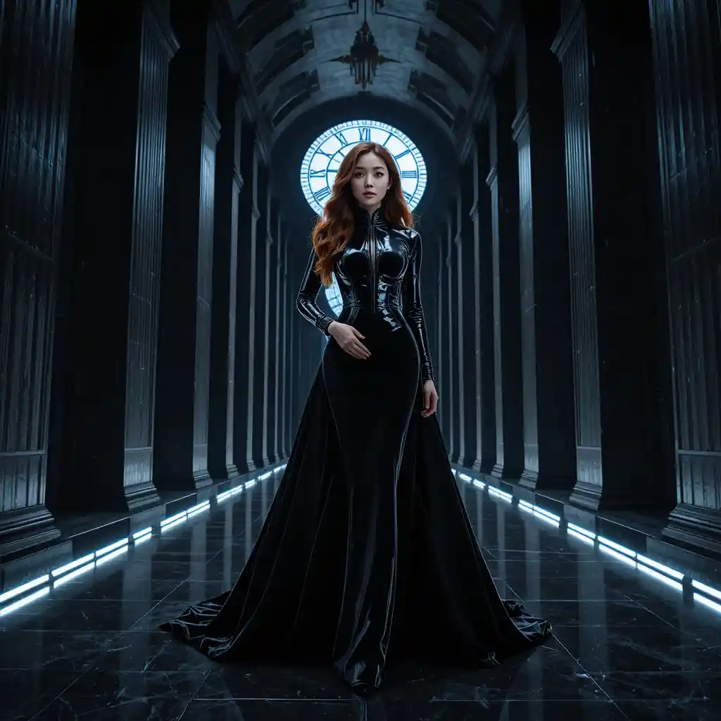 Mulher coreana em vestido de veludo escultural em salão de obsidiana