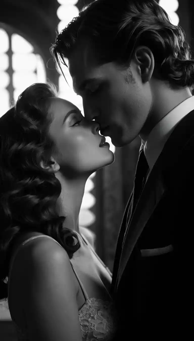 Intense romantic close up in an ancient cinematic setting