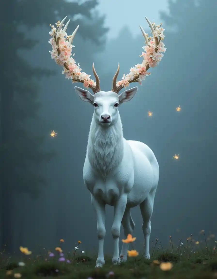 Cerf blanc aux bois fleuris dans une clairière de forêt brumeuse