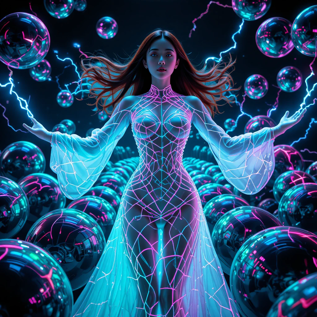 Korean woman in neon lattice gown amid floating steel spheres