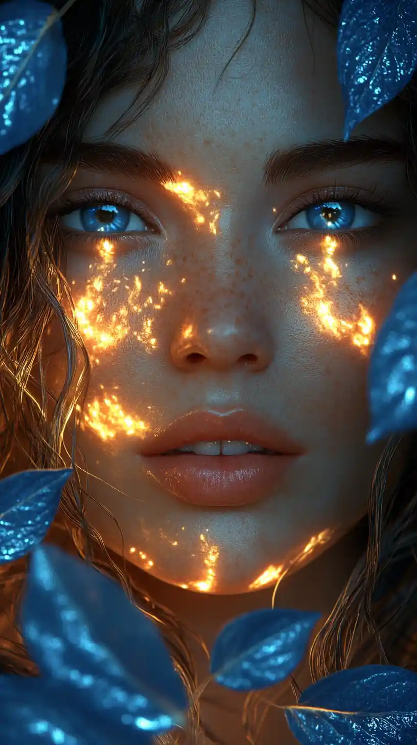 Donna eterea incorniciata da foglie blu in una giungla fantastica
