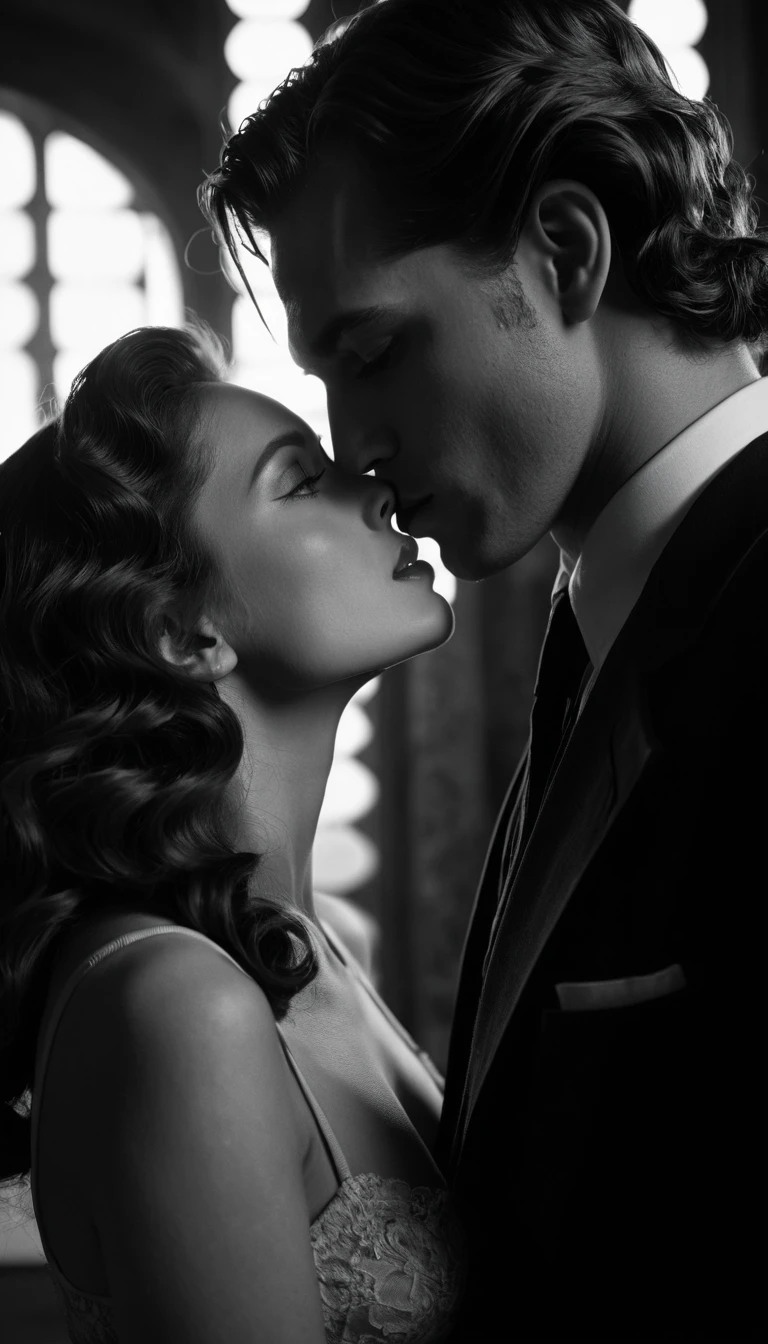 Intense romantic close up in an ancient cinematic setting