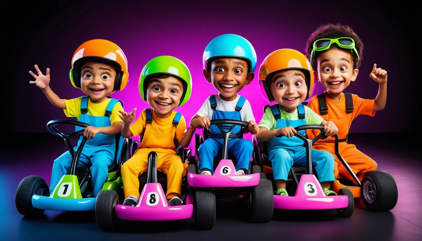 Enfants multiculturels faisant la course en karts dans des rues de ville néon