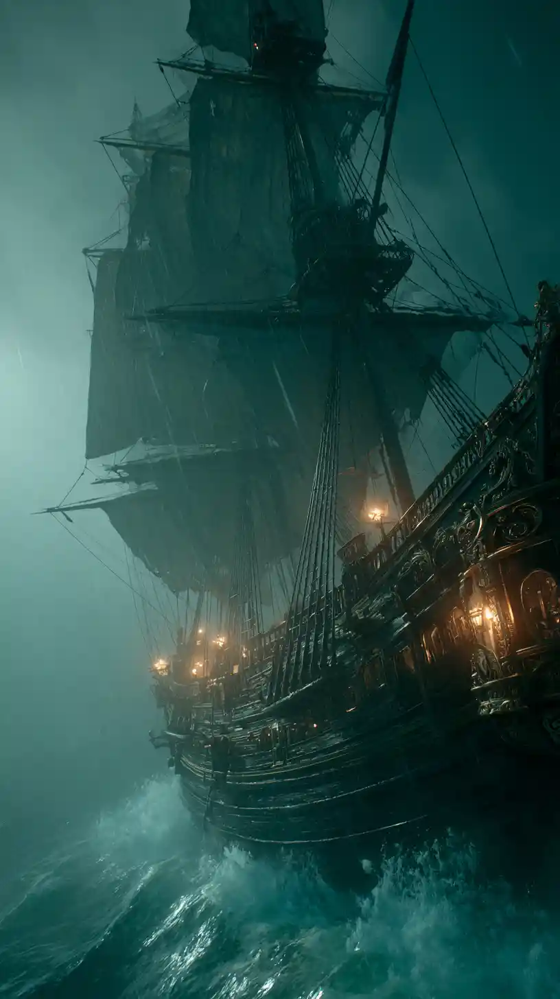 Épique navire pirate fantôme affrontant les vagues en pleine tempête