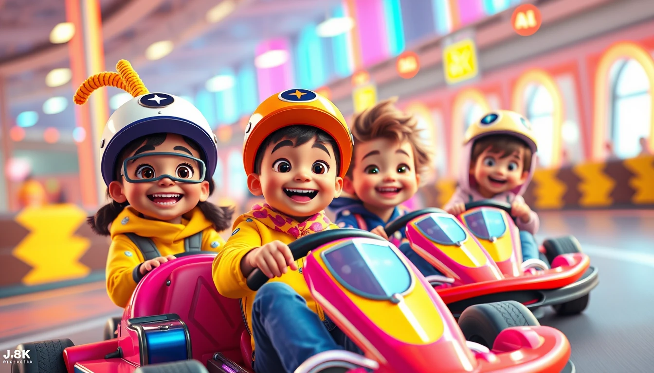 Enfants souriants faisant la course en kart dans les rues néon de Dubaï