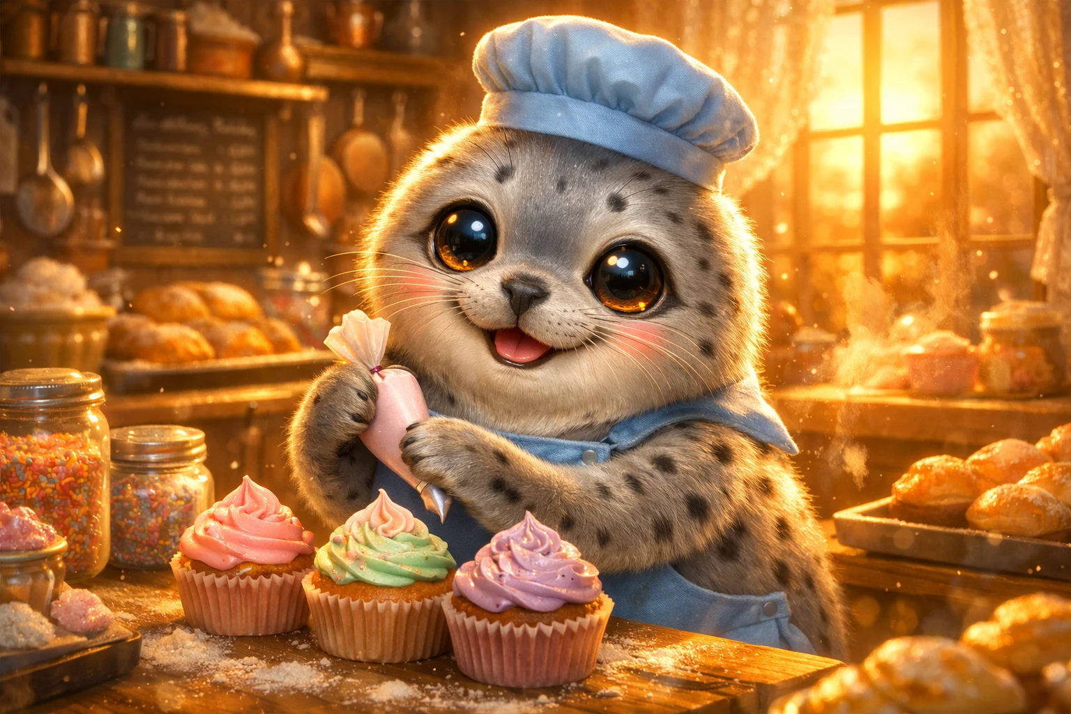 Foca bebê fofa decorando cupcakes em uma padaria aconchegante