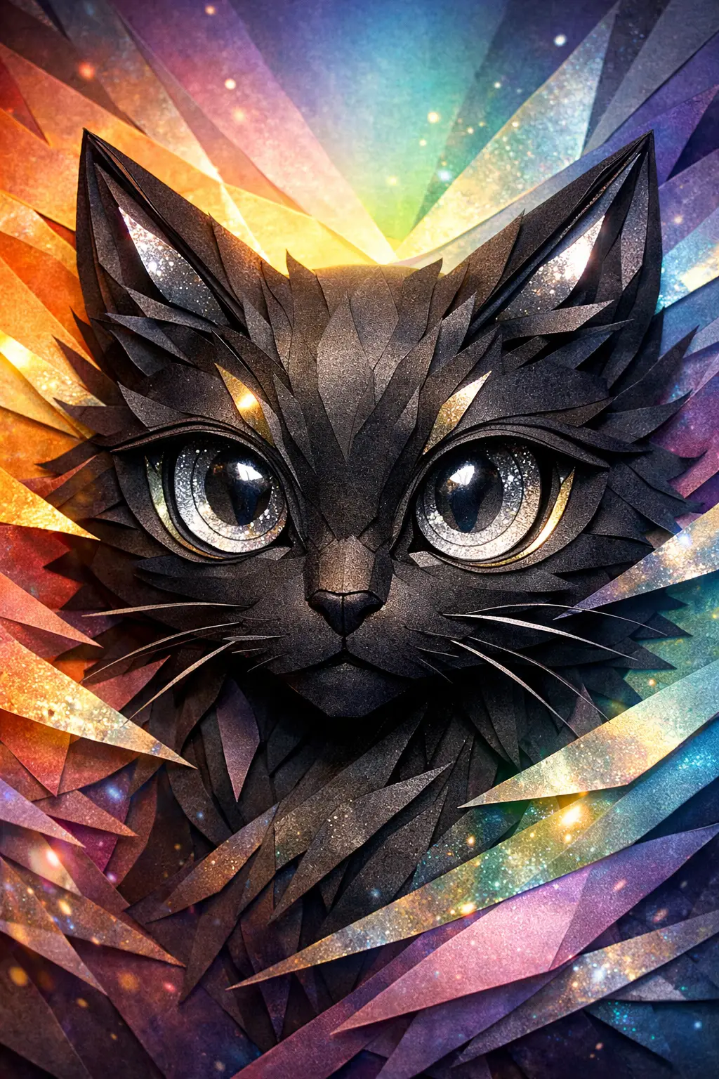 Close up papercraft black cat face with silver eyes