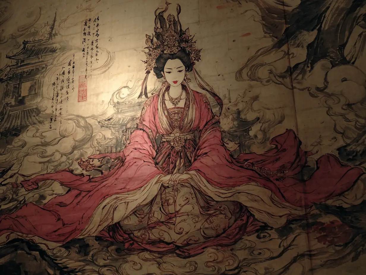 Chinese queen in lotus pose on golden throne at night