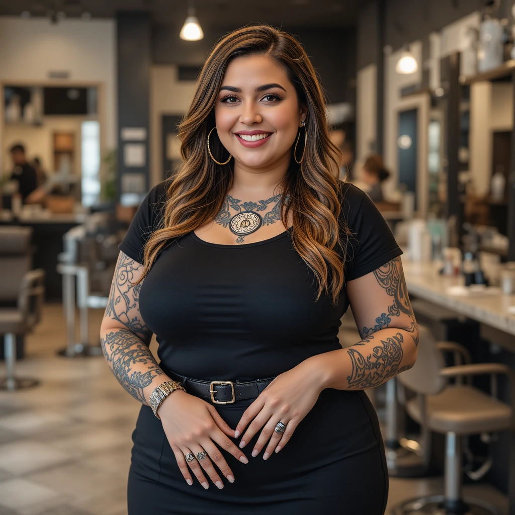 Cabeleireira plus size confiante sorrindo em um salão moderno