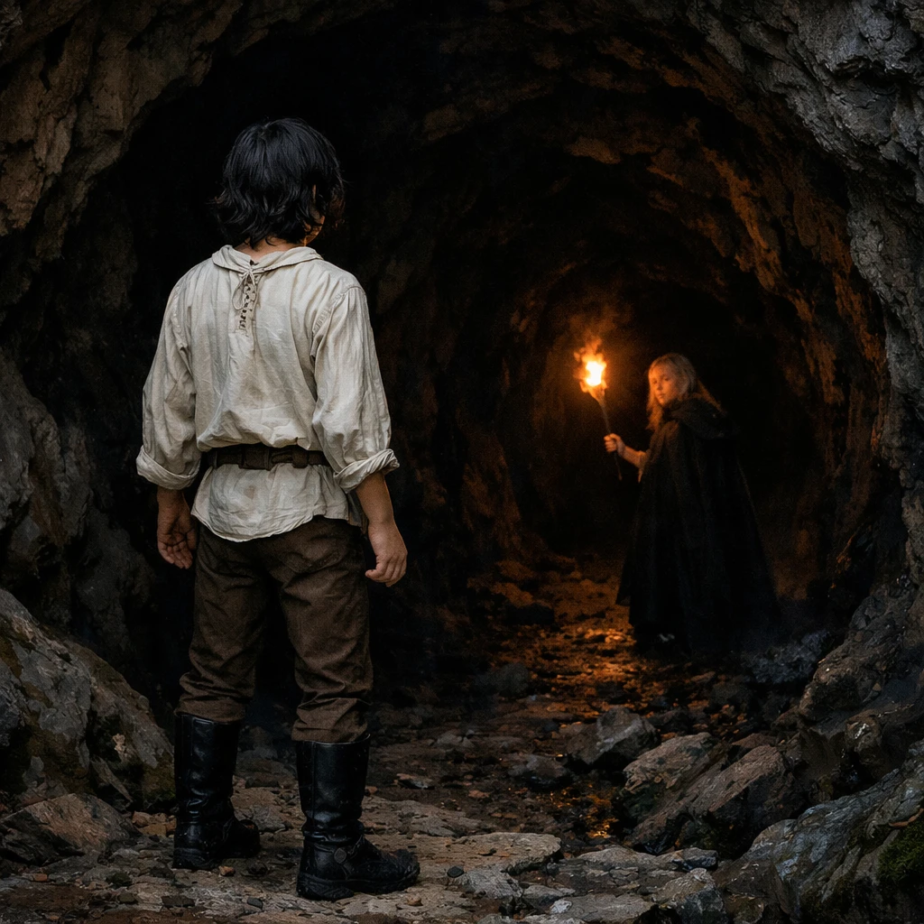 Menino na entrada de uma caverna escura na montanha