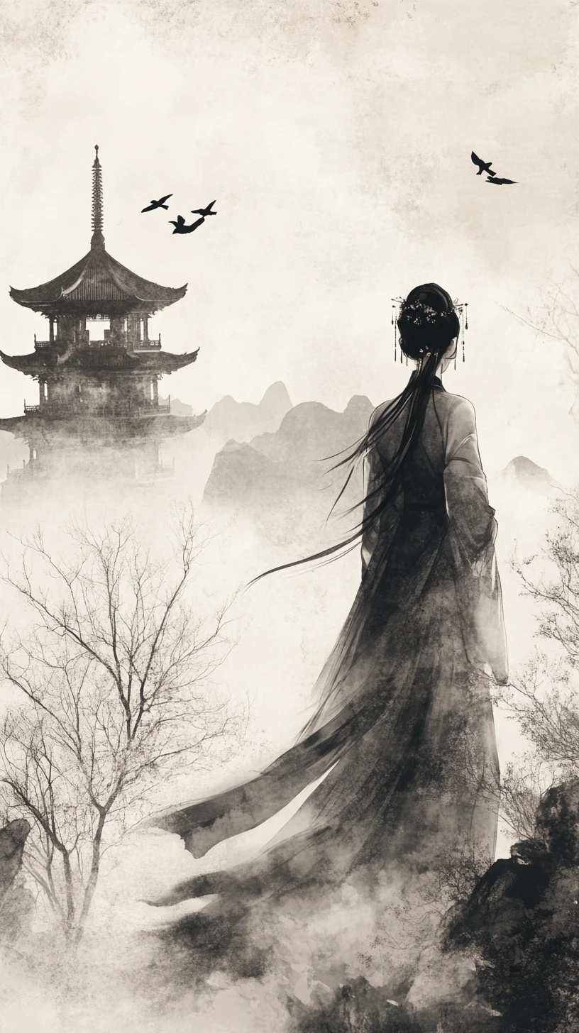 Mulher etérea em hanfu diante de montanhas enevoadas e pagode