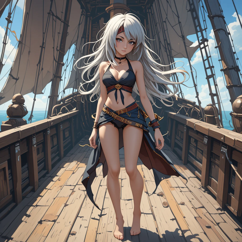 Femme pirate d’anime sur le pont du navire dans la brise marine