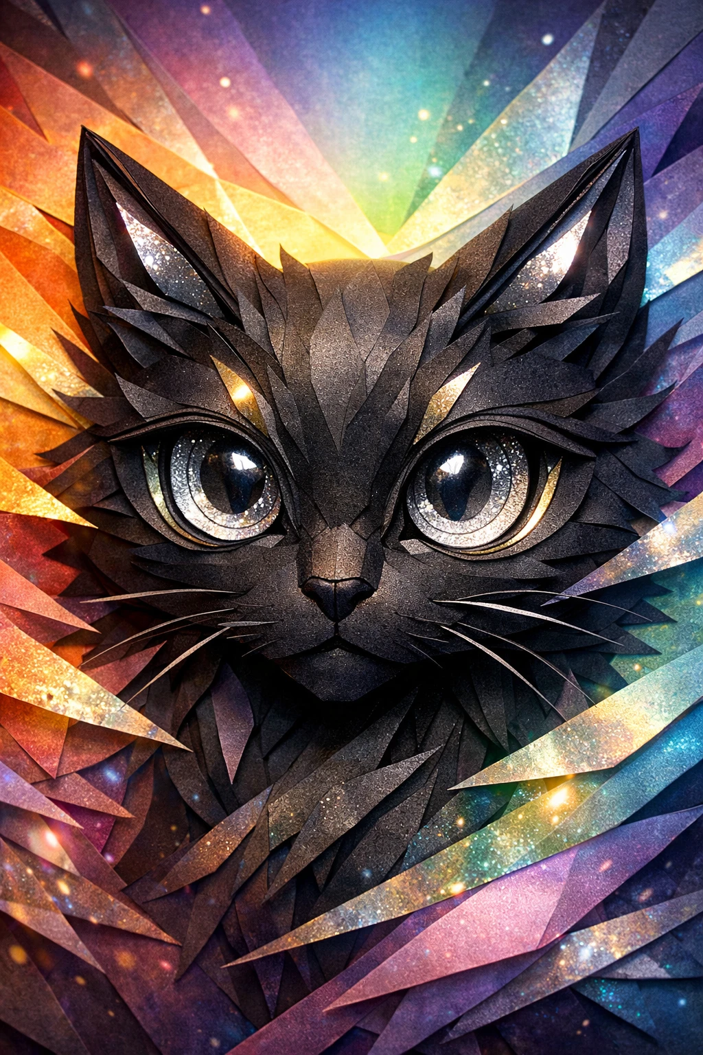 Close-up de rosto de gato preto em papercraft com olhos prateados