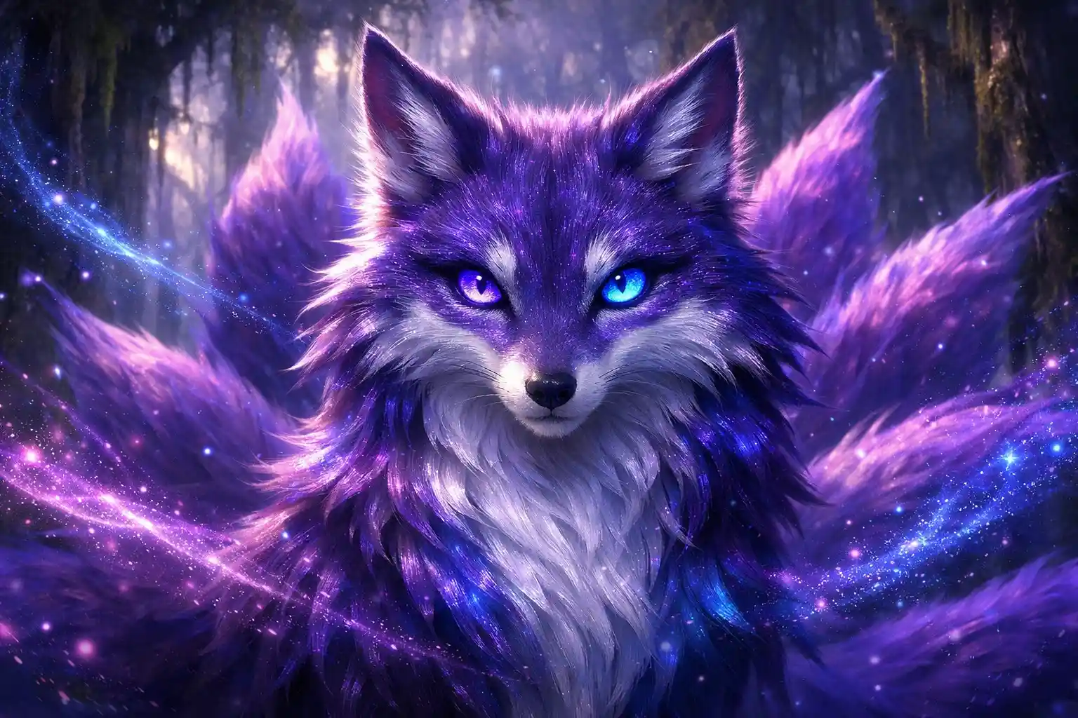 Mystical nine tailed fox spirit in a twilight forest
