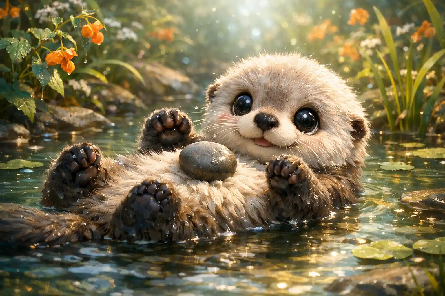 Fofa lontra-bebê de rio boiando de costas com pedrinha