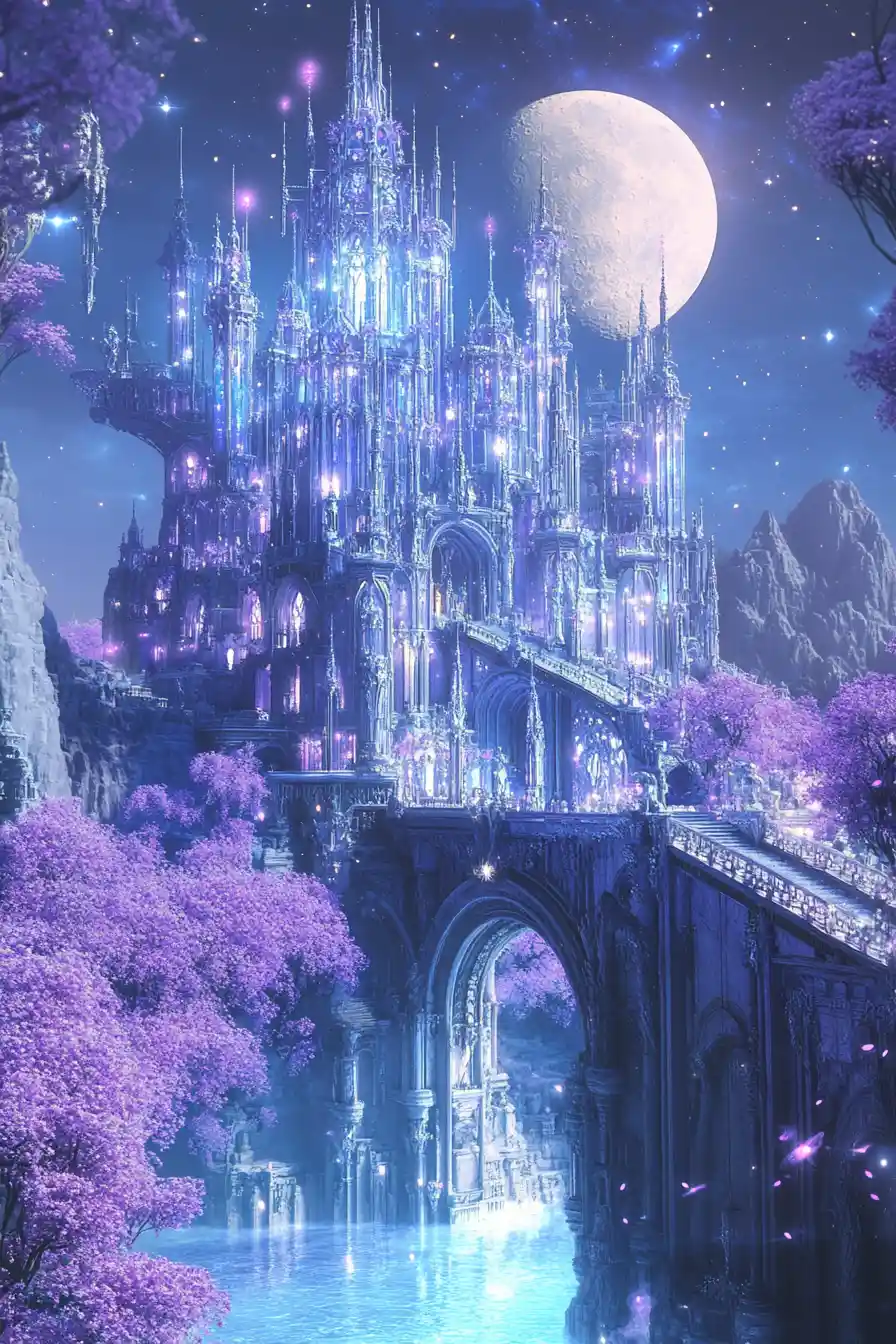 Crystal palace on a crescent moon in deep space