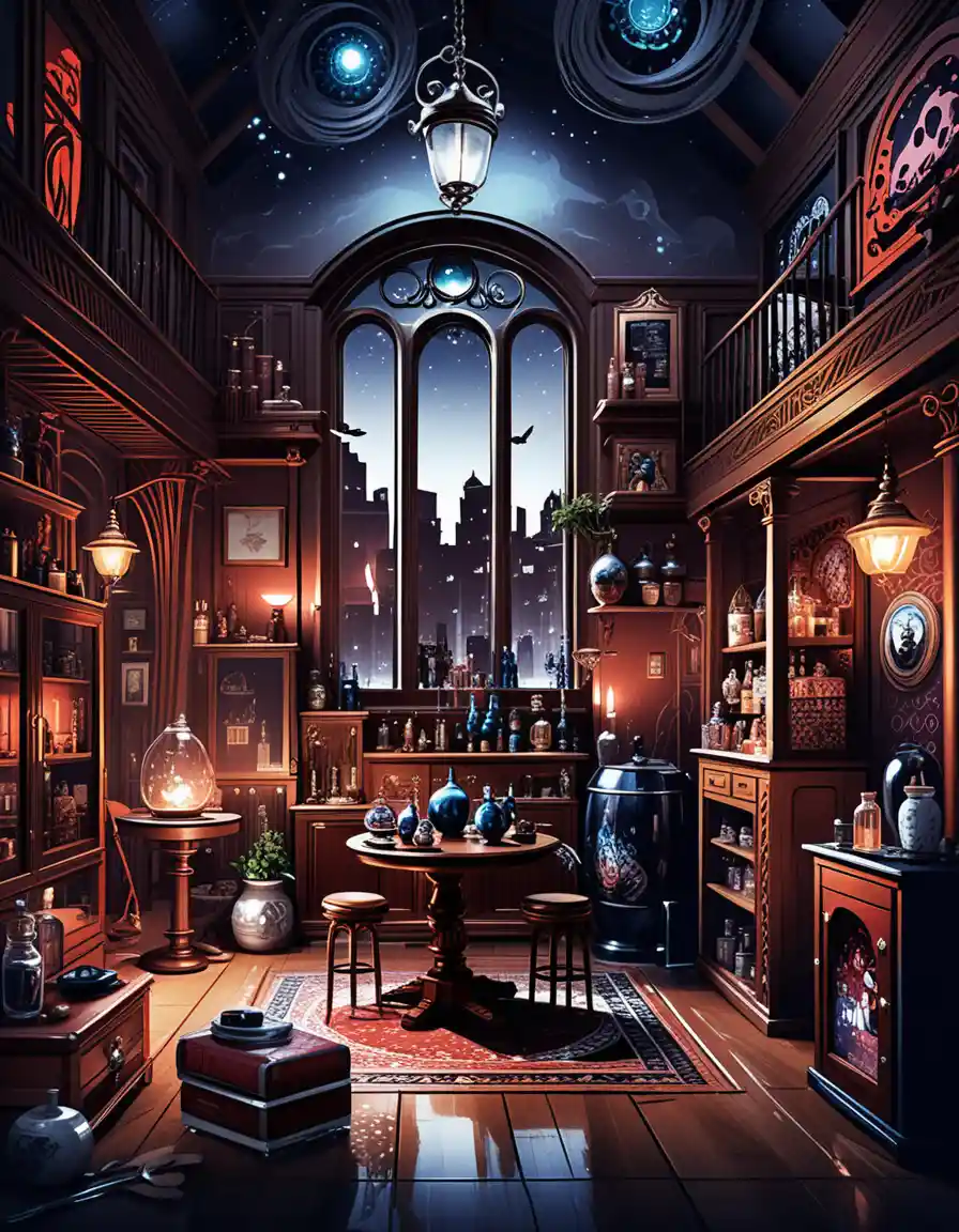 Diorama de casa de mercader de fantasía con interiores expuestos