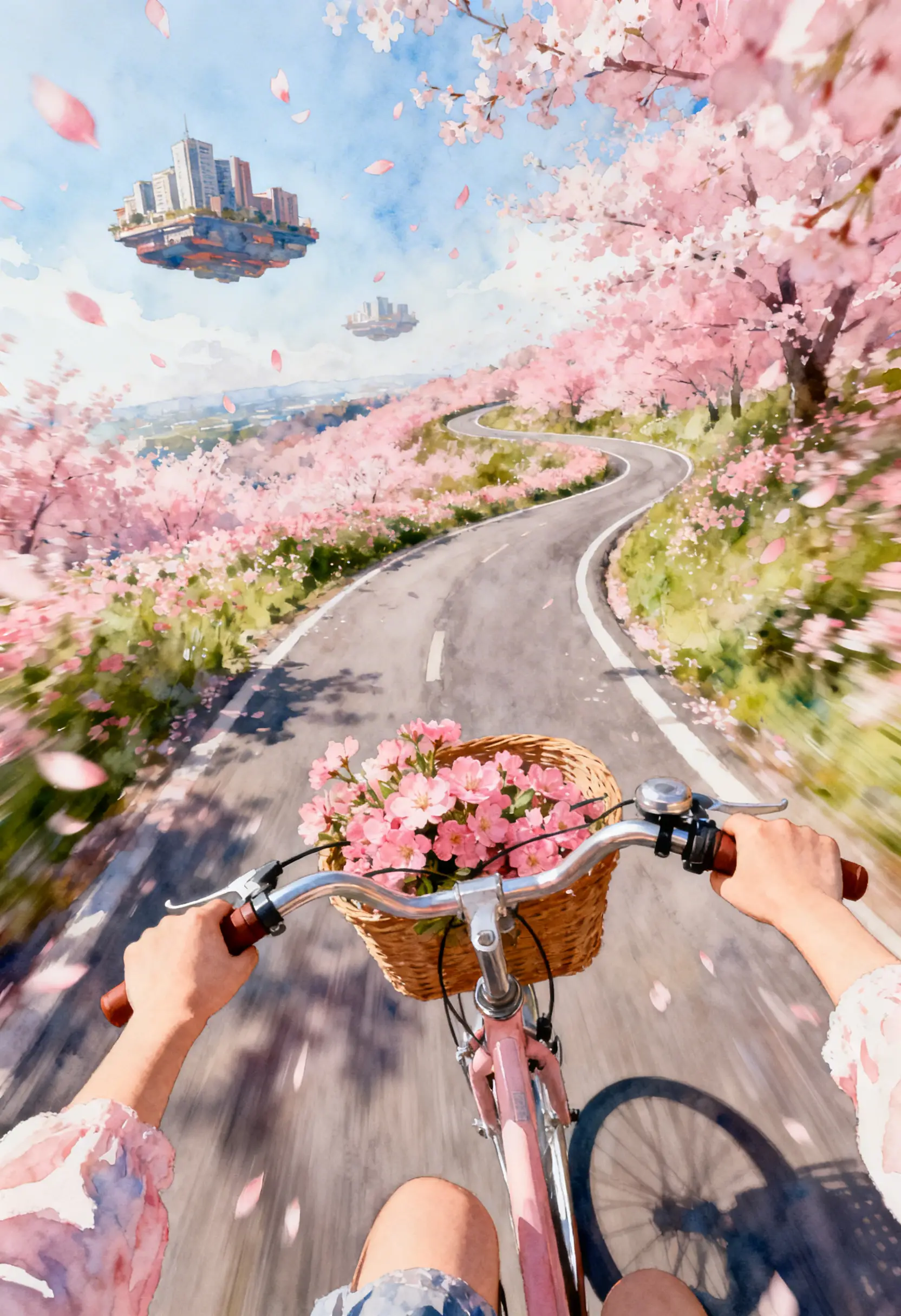 第一人稱視角：女孩騎車穿越粉色花海