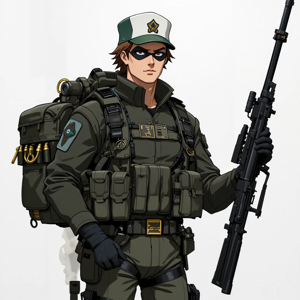 Soldado de anime com rifle de sniper e mochila tática