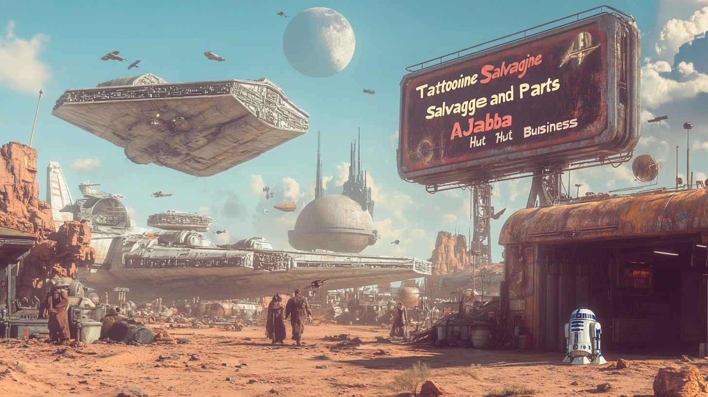 Cementerio de naves estelares en un planeta desértico con jawas carroñeros