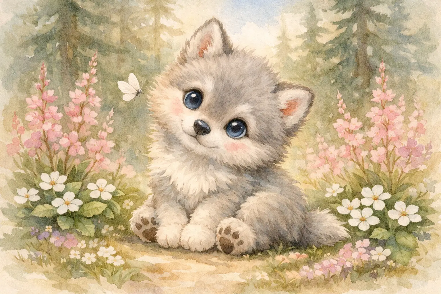 Watercolor baby wolf watching a white moth in forest