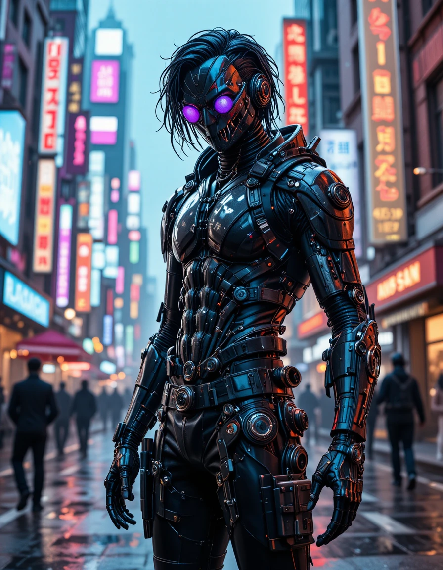 Cyberpunk-Cyborg posiert in einer neonbeleuchteten futuristischen Metropole