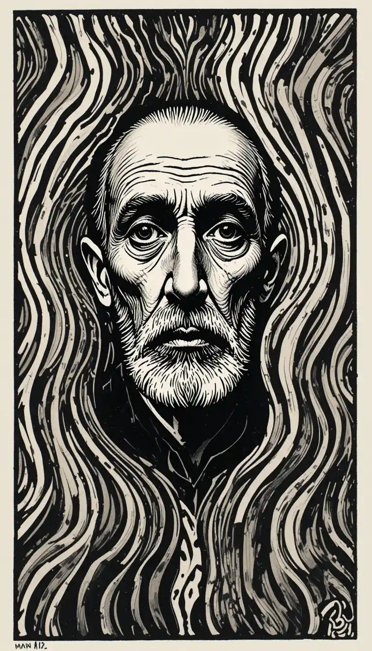 Retrato em linogravura monocromática de um idoso com linhas onduladas