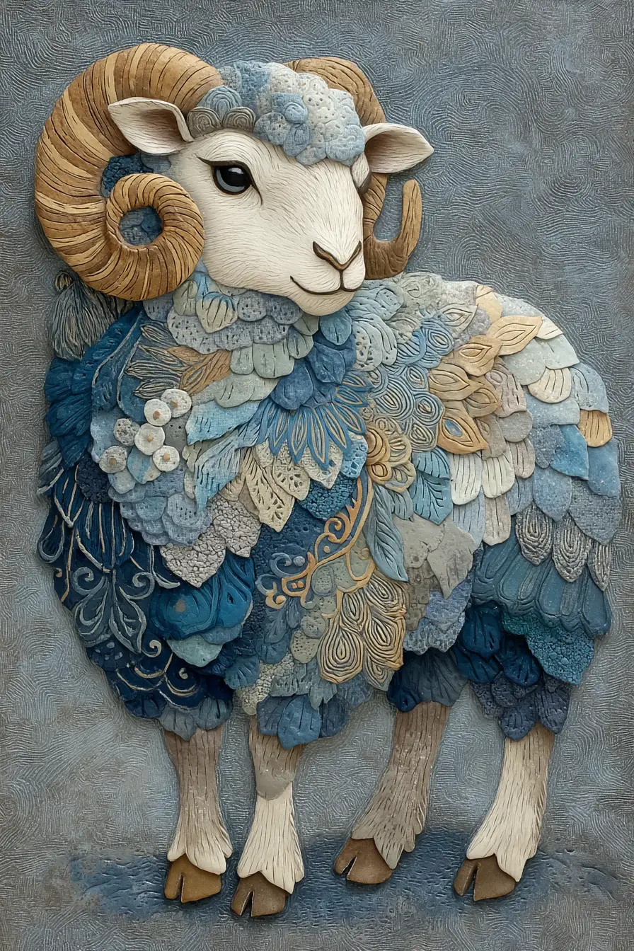 Blaues Papierkunst-Relief eines niedlichen stilisierten Lamms