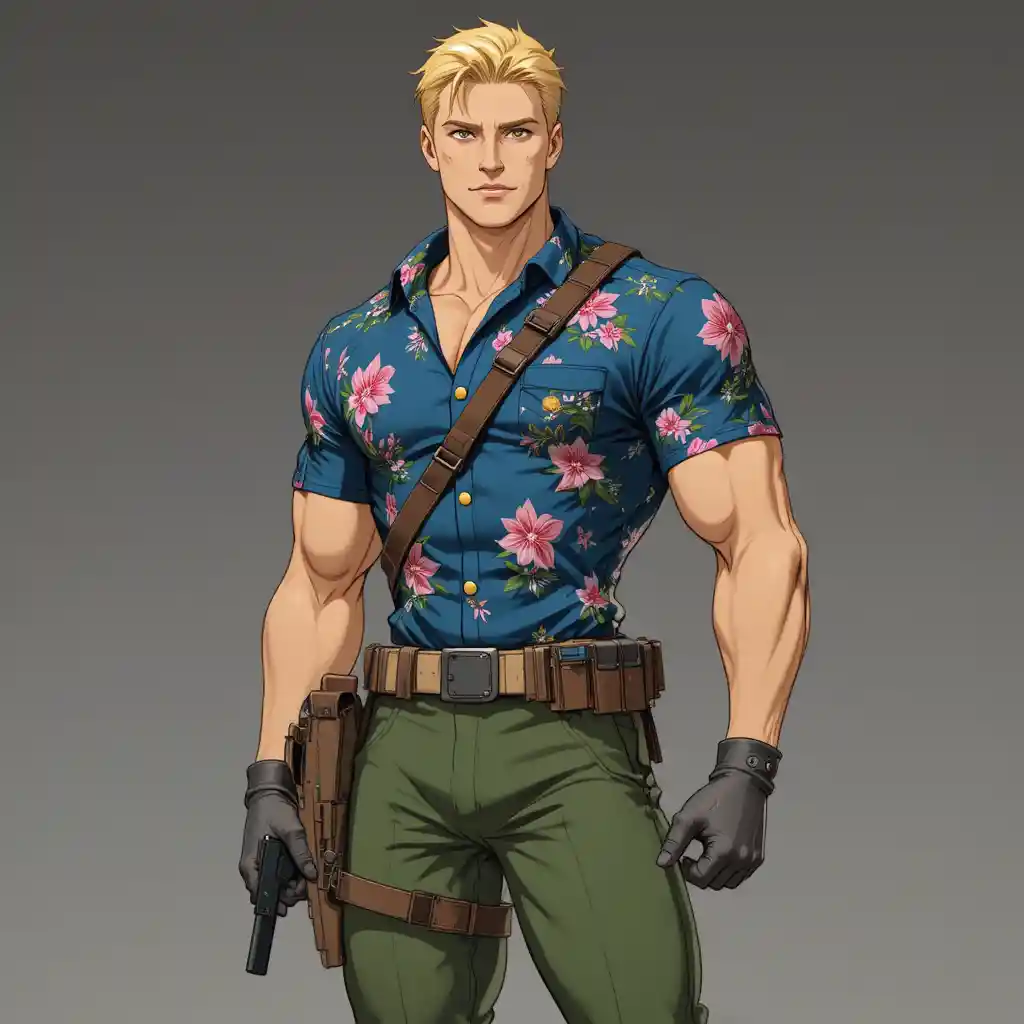 Blonder Anime-Sergeant im floralen Hawaiihemd und grünen Hosen