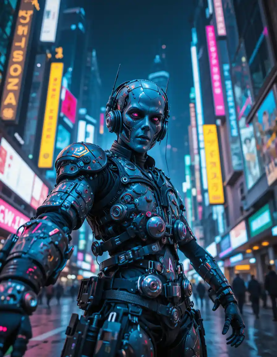 Rapaz ciborgue cyberpunk em close-up na rua de uma metrópole neon