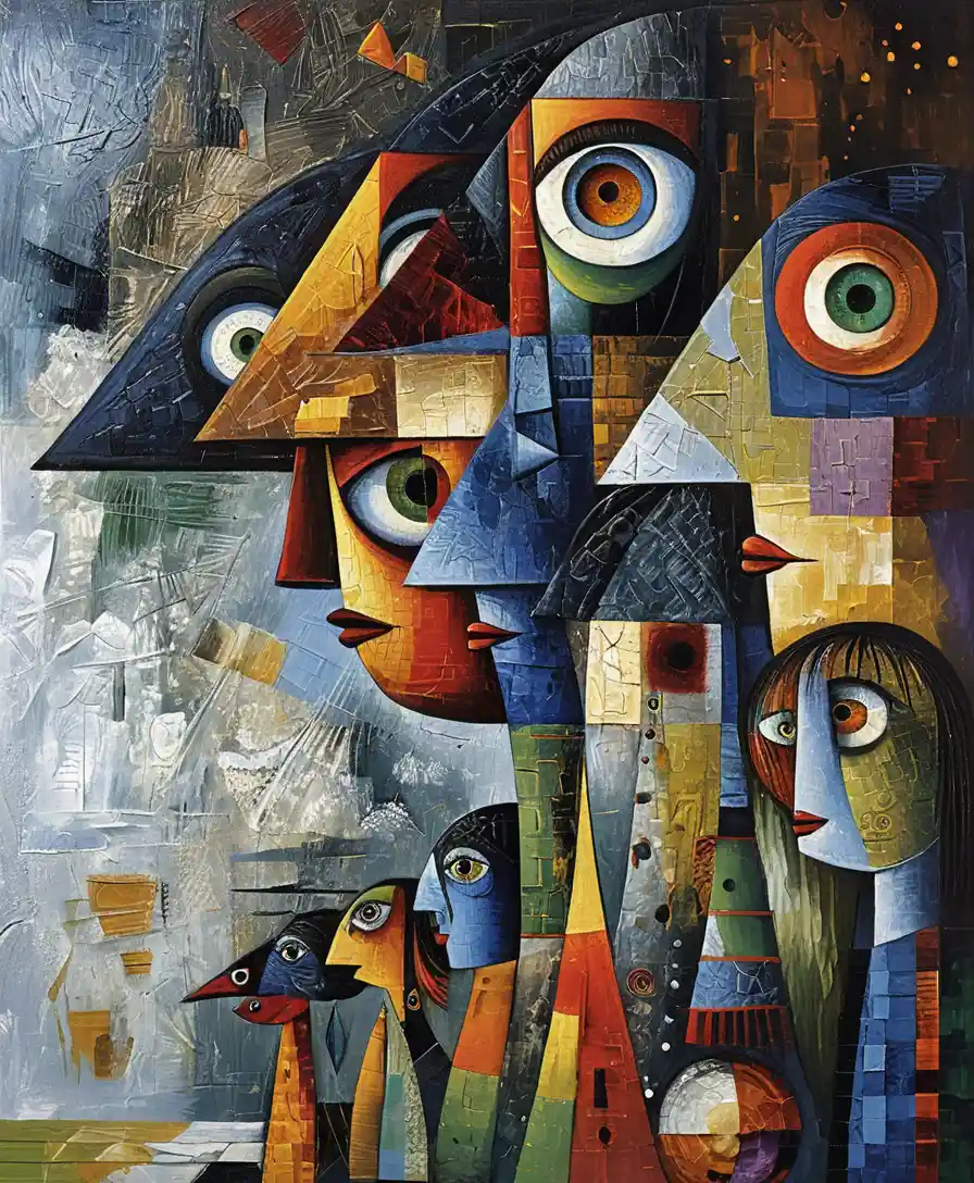Visages abstraits cubistes avec formes géométriques superposées