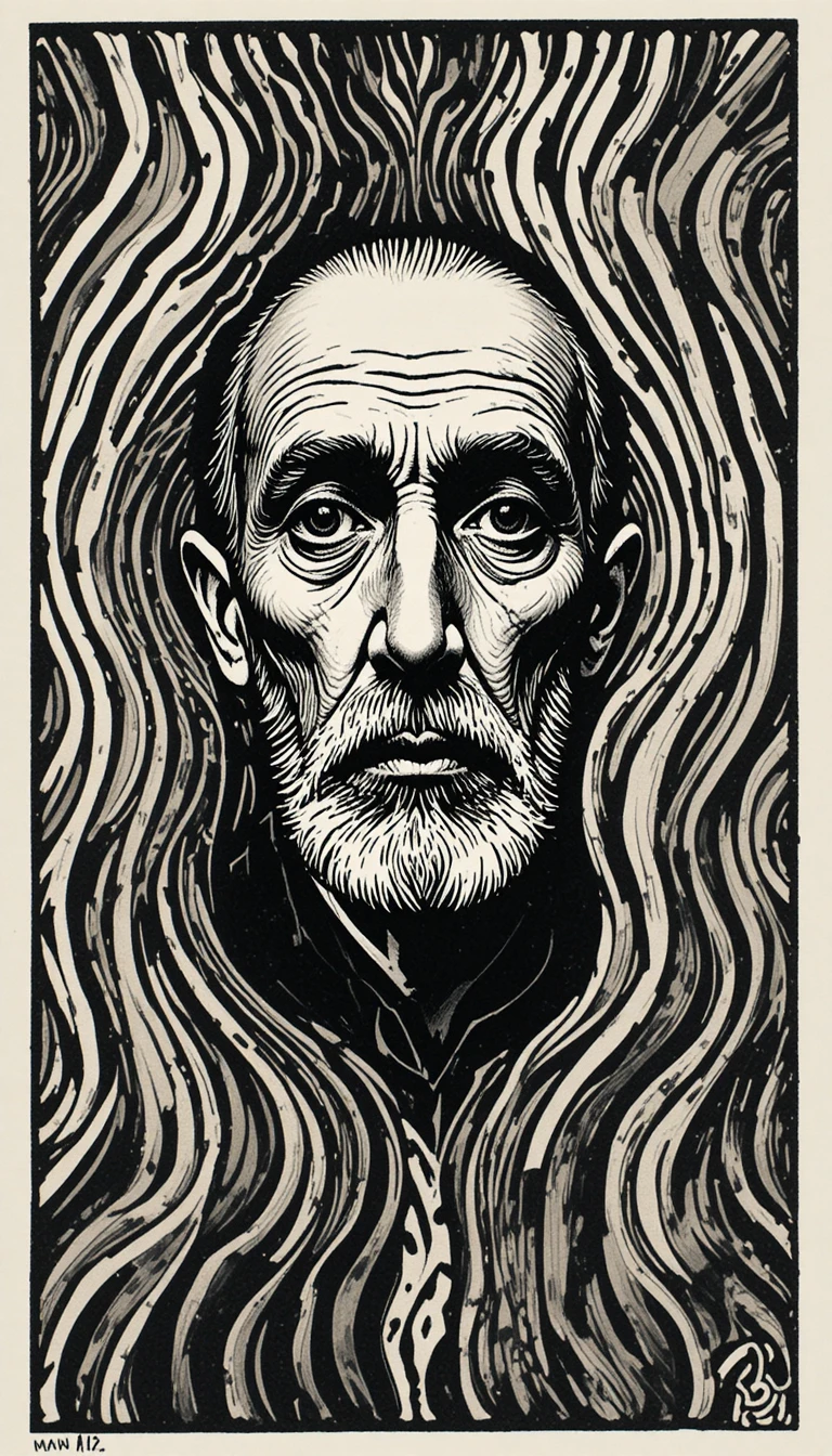 Retrato em linogravura monocromática de um idoso com linhas onduladas