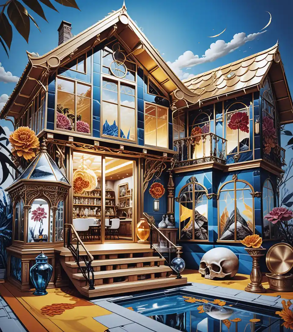 Ilustração estilizada em corte do interior de uma casa de fantasia de dois andares