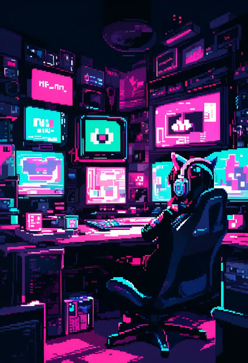 Pixelart-Gamer-Girl in einem gemütlichen, neonbeleuchteten Schlafzimmer