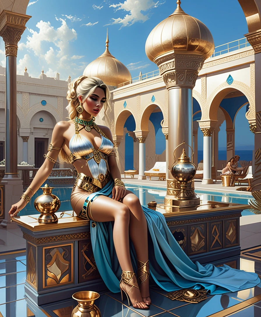 Femme glamour dans une cour byzantine au crépuscule