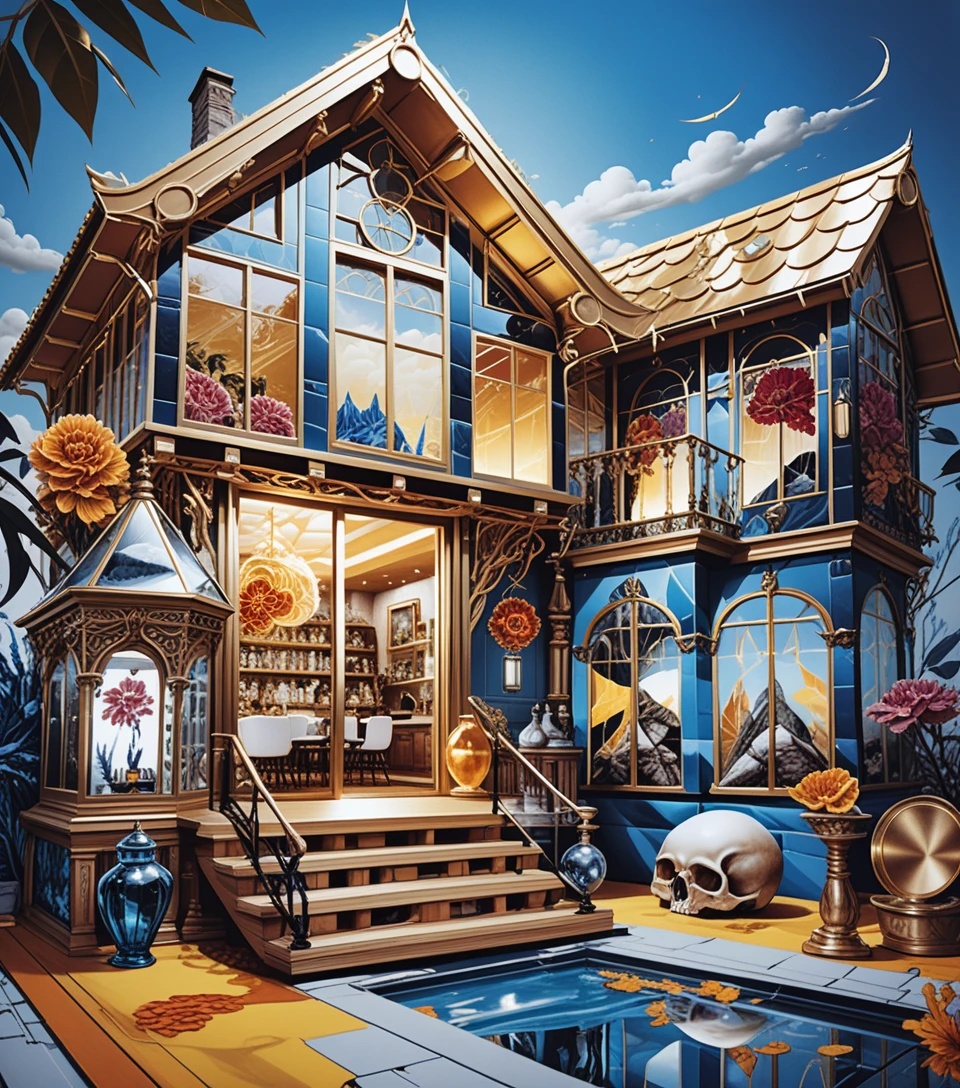 Ilustração estilizada em corte do interior de uma casa de fantasia de dois andares