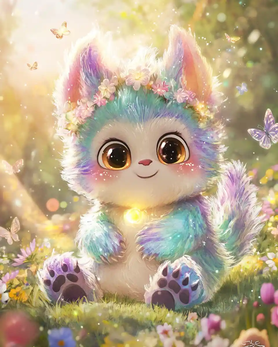 Verspieltes Baby-Fantasywesen in pastellfarbener Aquarellwiese