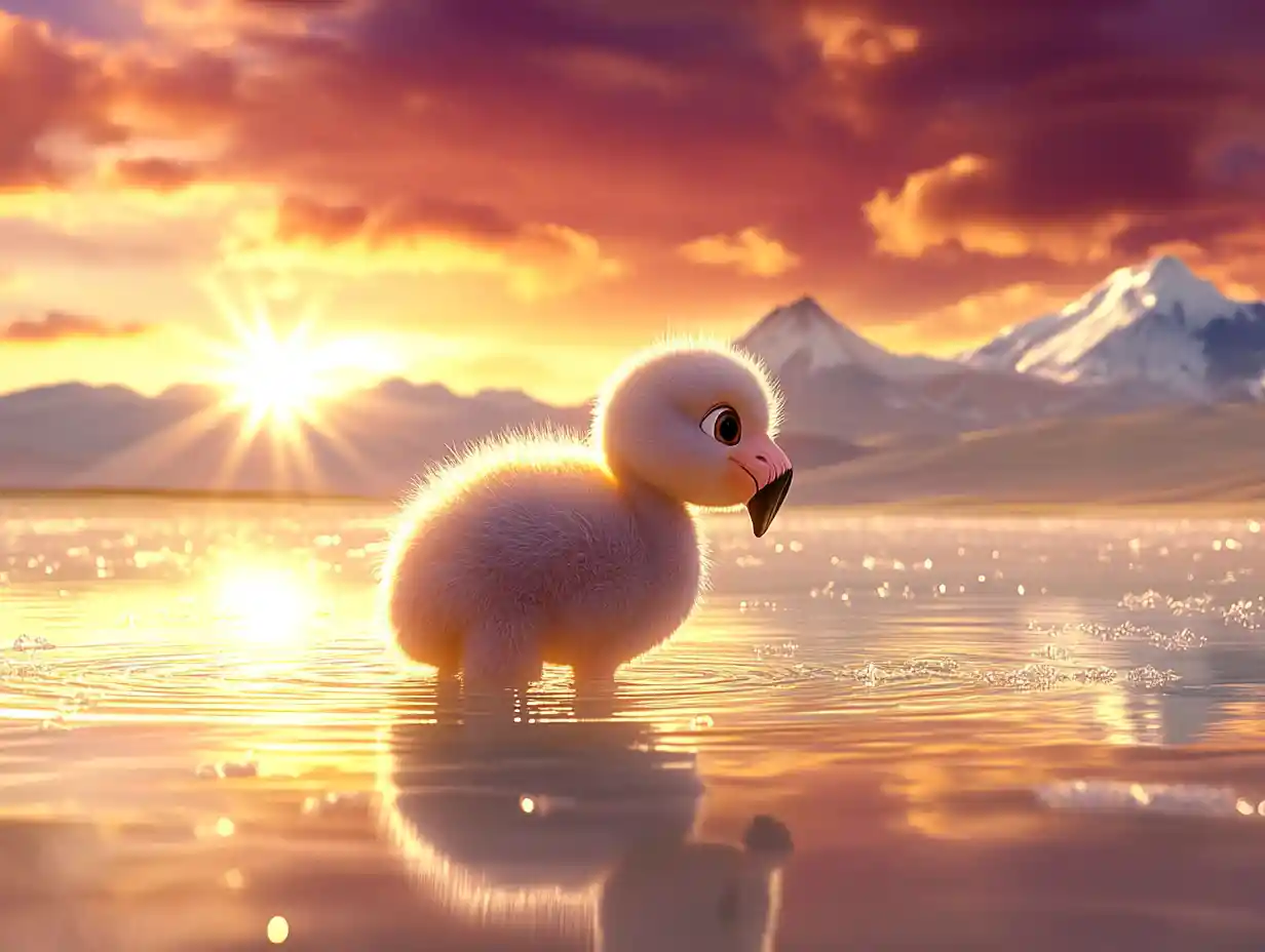 Baby flamingo chick in glowing mountain sunset lake