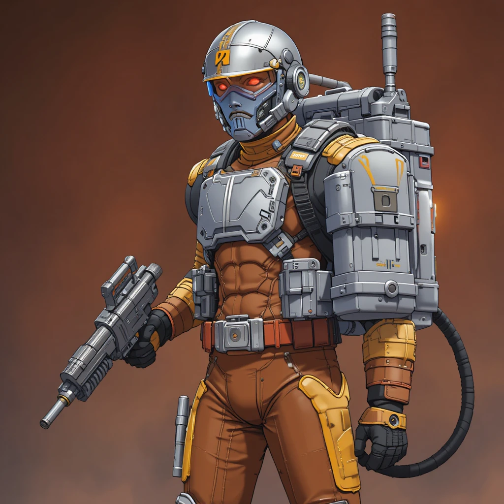 Soldado de anime com armadura de lança-chamas e equipamento tático