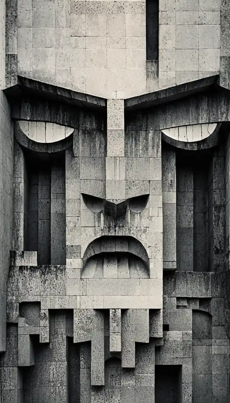 Monumental brutalist concrete facade forming a human face